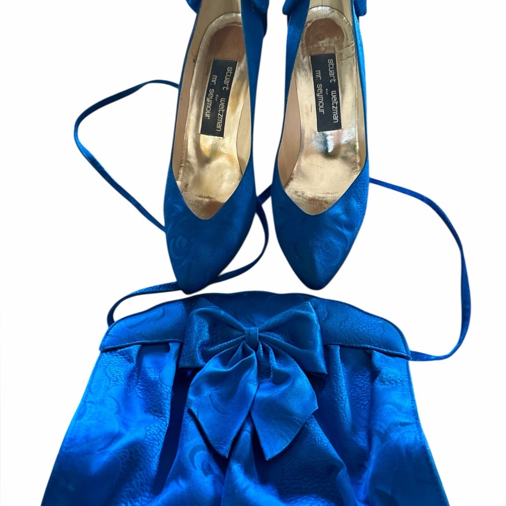 Stuart Weitzman Royal Blue Satin Bow Pump and Clutch Set